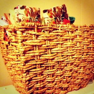 We keep our kitchen linens in this cute basket