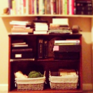 My leftover fabrics and yarn are stored in these handy baskets. 