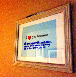 Excuse the poor quality. It's super dark in the hall where this is placed. Anyway, I love this. I saw it on Pinterest and made it right after we got married. It's so exciting to see what Sr. will write next :-) 